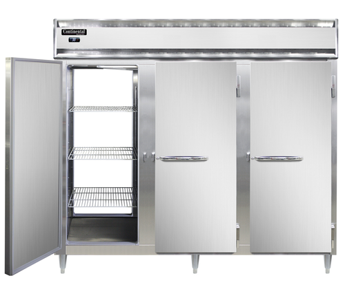 Continental D3RENPT 85 1/2" Three Section Pass Thru Refrigerator, (6) Left/right Hinge Solid Doors, Top Compressor, 115v-cityfoodequipment.com