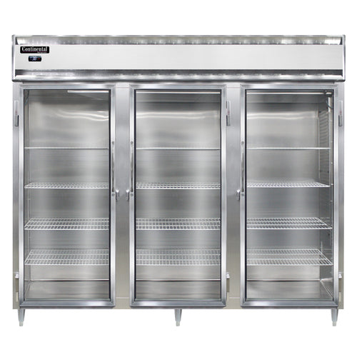 Continental D3RENSSGD 85 1/2" Three Section Reach In Refrigerator, (3) Left/right Hinge Glass Doors, Top Compressor, 115v-cityfoodequipment.com