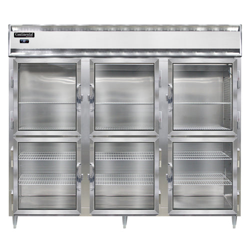 Continental D3RENSSGDHD 85 1/2" Three Section Reach In Refrigerator, (6) Left/right Hinge Glass Doors, Top Compressor, 115v-cityfoodequipment.com