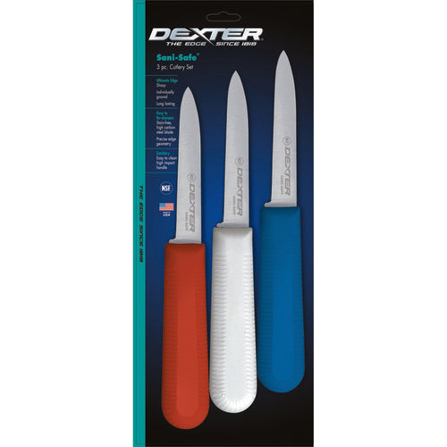 Dexter Russell S104-3RWC 3 1/4" Sani Safe® Paring Knife Set W/ Polypropylene Red, White, Blue Handles, Carbon Steel-cityfoodequipment.com