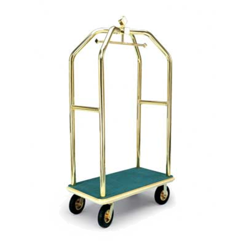 Forbes Industries Luggage Cart w/ (2) Push Bars & Carpeted Deck - 43"L x 24"W x 78"H, Polished Brass (2410)-cityfoodequipment.com