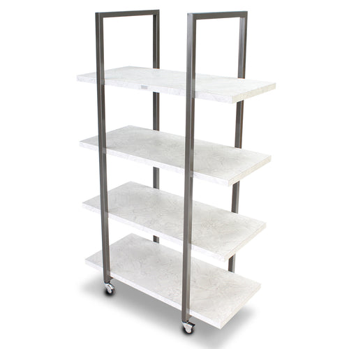 Forbes Industries Mobile Display Tower w/ (4) Wood Veneer Shelves & Brushed Steel Frame - 48"L x 24"W x 78"H (6506)-cityfoodequipment.com