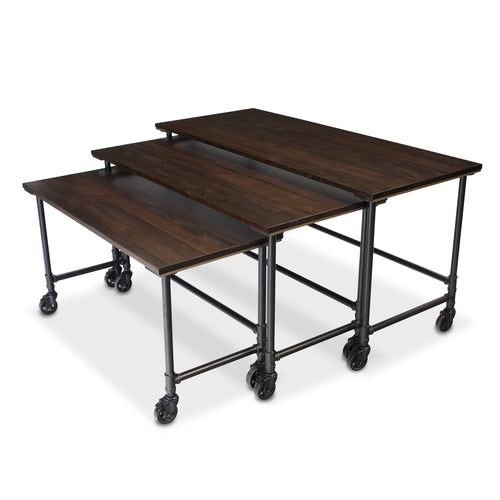 Forbes Industries 3 Piece Rustica Series Nesting Tables Set - Rustic Wood Top w/ Steel Pipe Frame (7447)-cityfoodequipment.com
