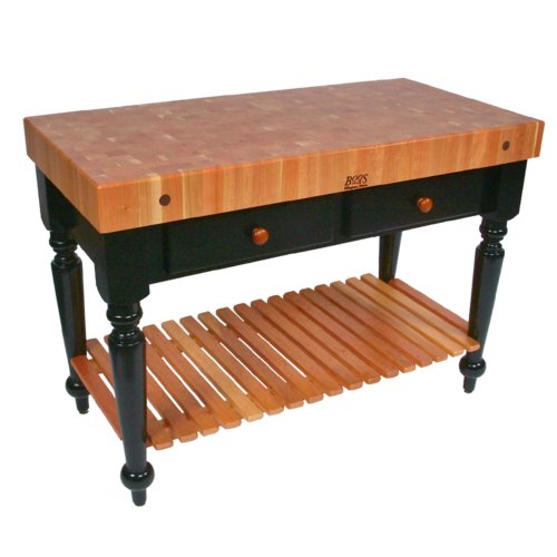 John Boos RN-LR05-SSL Le Rustica Table, 4" Thick End Grain Cherry Top, Shelf, Black Base, 48 x 24"-cityfoodequipment.com