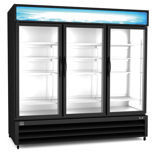 Kelvinator Commercial KCHGM72R 81" Three Section Glass Door Merchandiser - (3) Left/Right Hinge Doors, Black, 115v-cityfoodequipment.com