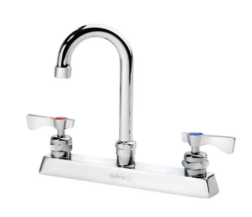 Krowne 15-525L-W-E2 Deck Mount Faucet w/ 3 1/2" Gooseneck Spout & VR Wrist Action Handles - 8" Centers, 0.5 GPM-cityfoodequipment.com