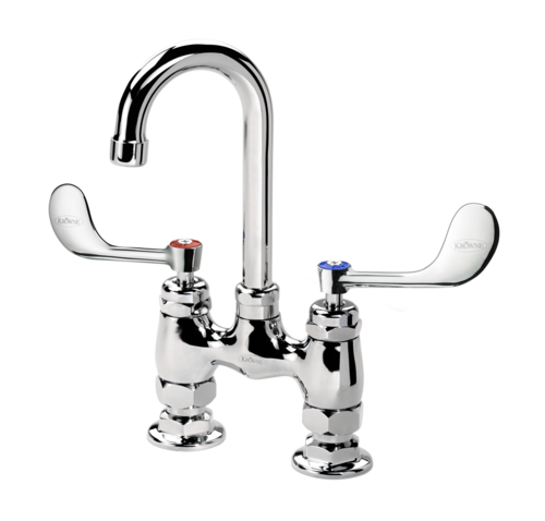 Krowne 15-425L-W-E2 Raised Deck Mount Faucet w/ 3 1/2" Gooseneck Spout & Wrist Action Handles - 4" Centers, 0.5 GPM-cityfoodequipment.com