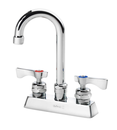 Krowne 15-325L-W-E2 Deck Mount Faucet w/ 3 1/2" Gooseneck Spout & VR Wrist Action Handles - 4" Centers, 0.5 GPM-cityfoodequipment.com