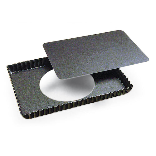 Louis Tellier Rectangular Fluted Tart Mold w/ Removable Bottom - 11 2/5"L x 8"W x 1"H, Non Stick Steel (225810)-cityfoodequipment.com
