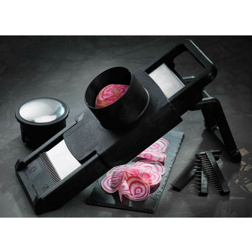 Matfer Bourgeat 215060 Mandoline Slicer w/ (2) Pushers & (3) Julienne Stainless Steel Blades - Composite Frame, Black-cityfoodequipment.com
