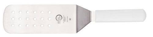Mercer Culinary M18710WH 8" x 3" Perforated Turner w/ White Polypropylene Handle, High Carbon Japanese Steel-cityfoodequipment.com
