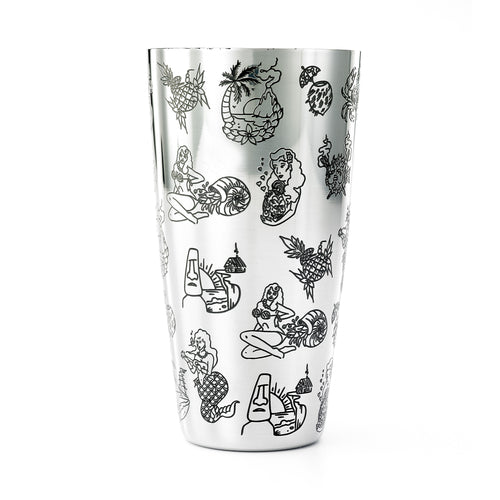 Barfly 28 oz Bar Cocktail Shaker w/ Tiki Etched Designs, Mirror Finish (M37092)-cityfoodequipment.com