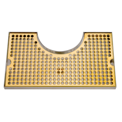 Micro Matic DP-1020DSSPVD Surface Mount Drip Tray Trough w/ 4" Cutout & 5/8" Drain - 14"W x 8"D, Stainless w/ Brass Screen-cityfoodequipment.com