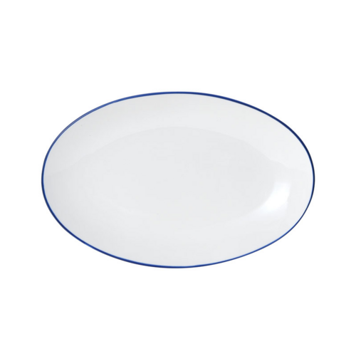 Mikasa Hospitality 13 3/4" Oval Bistro Entree Coupe Plate - Porcelain, Blue Pinstripe (5256517)-cityfoodequipment.com
