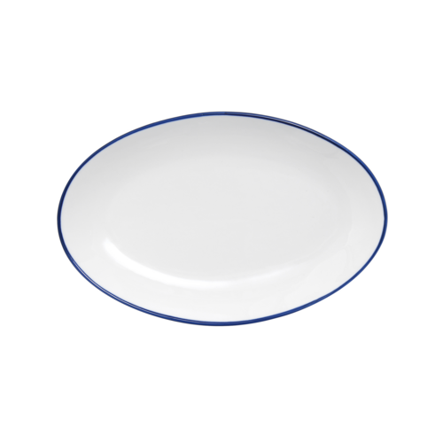Mikasa Hospitality 11 3/4" Oval Bistro Entree Coupe Plate - Porcelain, Blue Pinstripe (5256515)-cityfoodequipment.com