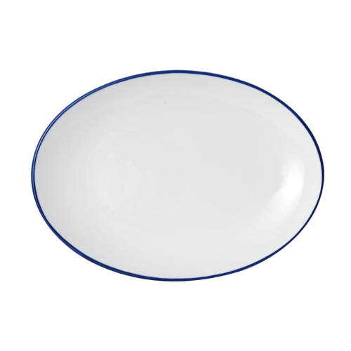 Mikasa Hospitality 14" Oval Bistro Entree Coupe Plate - Porcelain, Blue Pinstripe (5256519)-cityfoodequipment.com