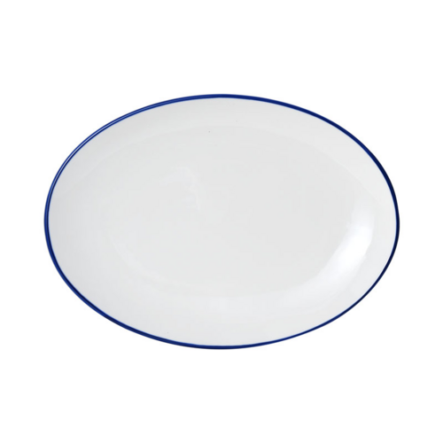 Mikasa Hospitality 16" Oval Bistro Entree Coupe Plate - Porcelain, Blue Pinstripe (5256521)-cityfoodequipment.com