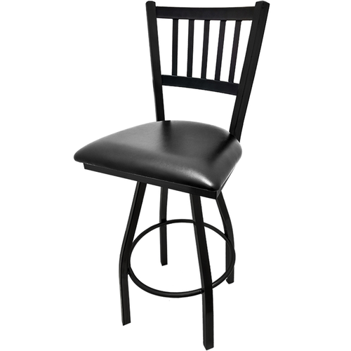 Oak Street Swivel Bar Stool W/ Metal Vertical Back & Black Vinyl Seat, Black (SL2090-S)-cityfoodequipment.com