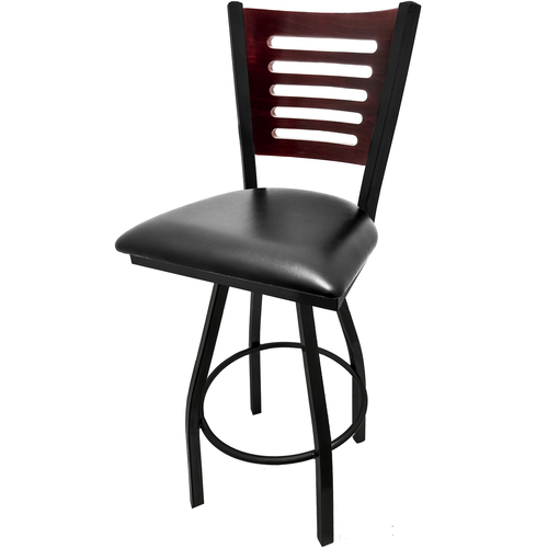 Oak Street Swivel Bar Stool w/ 5 Line Wood Back & Wood Seat, Black Metal (SL2150-1S-5)-cityfoodequipment.com