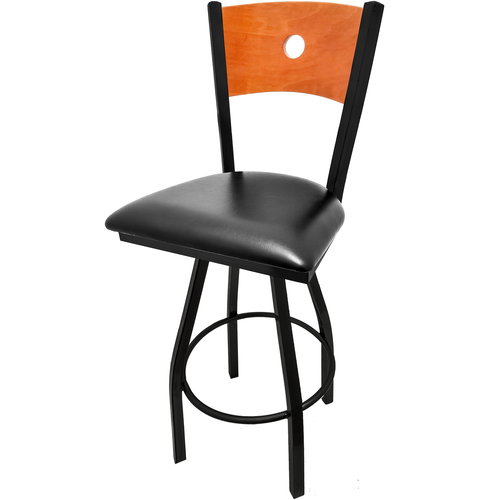 Oak Street Swivel Bar Stool w/ Bullseye Wood Back & Black Vinyl Seat, Black Metal (SL2150-1S-B)-cityfoodequipment.com