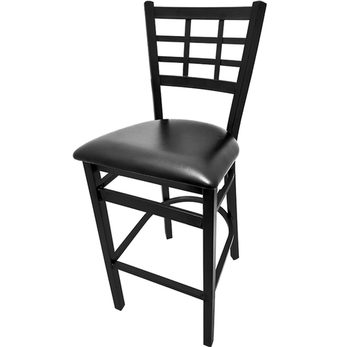 Oak Street Bar Stool w/ Metal Window Pane Back & Black Vinyl Seat, Black (SL2163-1)-cityfoodequipment.com