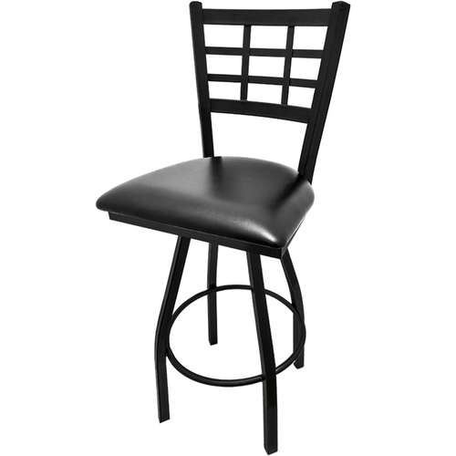 Oak Street Swivel Bar Stool W/ Metal Window Pane Back & Black Vinyl Seat, Black (SL2163-S)-cityfoodequipment.com