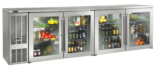 Perlick BBS108-SG-L-STK 108" Bar Refrigerator - 4 Swinging Glass Doors, Stainless, 120v-cityfoodequipment.com