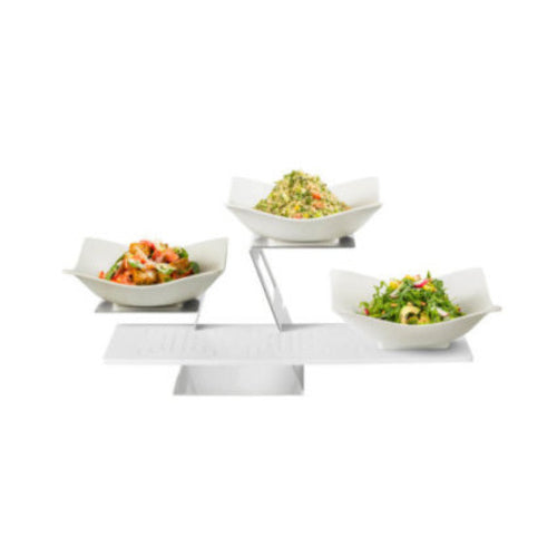 Rosseto 2 Tier Display Riser Set W/ (2) Square Bowls & (1) Melamine Shelf, Stainless (SK048)-cityfoodequipment.com
