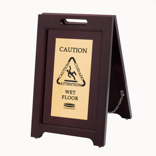 Rubbermaid 1867507 Executive Multi-Lingual Caution Sign - 2 Sided Wood/Gold-cityfoodequipment.com