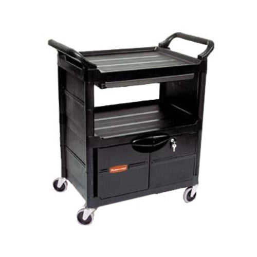 Rubbermaid FG345700BLA 3 Level Polymer Utility Cart w/ 200 lb Capacity, Raised Ledges-cityfoodequipment.com
