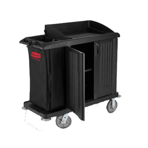 Rubbermaid FG619200 BLA Compact Housekeeping Cart w/ Vacuum Holder, 49"L x 22"W x 50"H, Black-cityfoodequipment.com