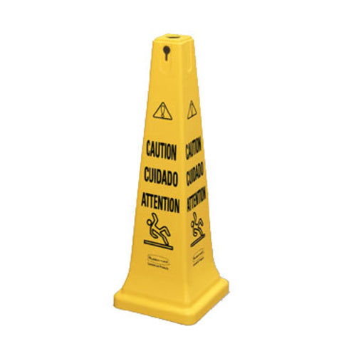 Rubbermaid FG627600 YEL Multi-Lingual Safety Cone - Caution, 12 1/4x12 1/4x36" Yellow-cityfoodequipment.com