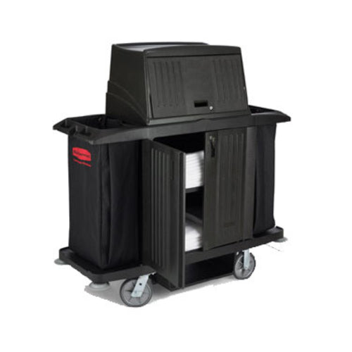 Rubbermaid FG9T1900 BLA Housekeeping Cart w/ Vacuum Holder, 60"L x 22"W x 67 1/2"H, Black-cityfoodequipment.com