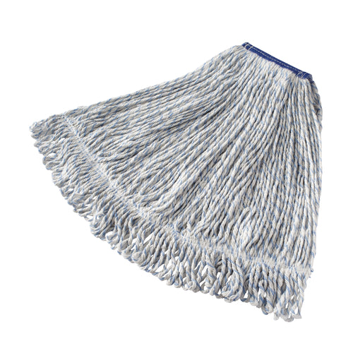 Rubbermaid FGD51306WH00 Large Finish Mop Head - 1" Headband, 4 Ply Yarn, White/Blue Stripe-cityfoodequipment.com