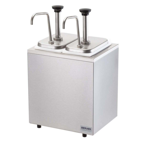 Server Pump Style Condiment Dispenser w/ (2) Jars & Pumps, (1 1/4) oz Stroke, Stainless (79890)-cityfoodequipment.com