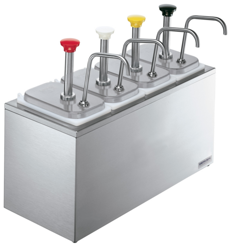 Server Pump Style Condiment Dispenser w/ (4) Jars & Pumps, (1 1/4) oz Stroke, Stainless (82830)-cityfoodequipment.com