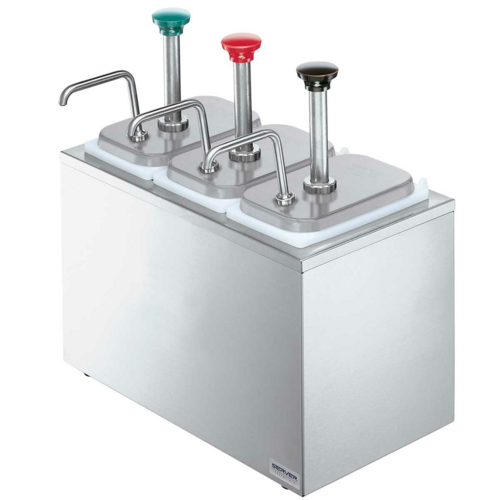 Server Pump Style Condiment Dispenser w/ (3) Jars & Pumps, (1 1/4) oz Stroke, Stainless (82870)-cityfoodequipment.com
