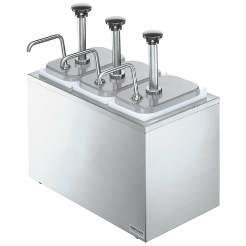 Server Pump Style Condiment Dispenser w/ (3) Jars & Pumps, (1 1/4) oz Stroke, Stainless (83790)-cityfoodequipment.com