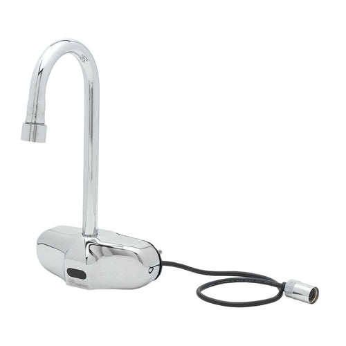 T&S EC-3105-TMV Wall Mount Electronic Faucet - 4" Centers, Gooseneck Spout, Chrome Plated Brass-cityfoodequipment.com
