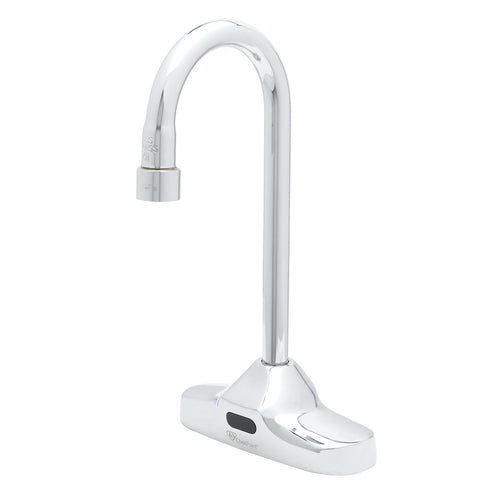 T&S EC-3107 Deck Mount Electronic Faucet - 4" Centers, Gooseneck Spout, Chrome Plated Brass-cityfoodequipment.com