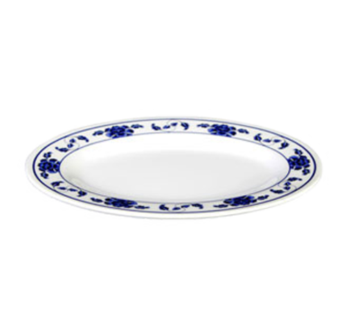 Thunder Group 2016TB 16" x 11 5/8" Oval Lotus Platter - Melamine, White/Blue - 0.5, (dozen)-cityfoodequipment.com