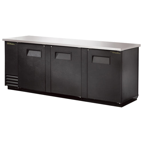 True TBB-4PT-HC 90 3/8" Bar Refrigerator - 3 Swinging Solid Doors, Black, 115v-cityfoodequipment.com