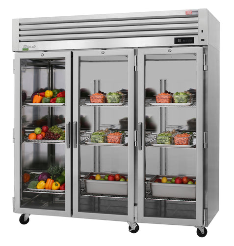 Turbo Air PRO-77R-G-N 77 3/4" Three Section Reach In Refrigerator, (3) Left/Right Hinge Glass Doors, 115v-cityfoodequipment.com