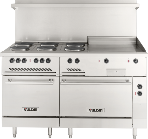 Vulcan EV60SS-6FP24G208 60" EV Series Electric Range W/ (6) French Hot Plates & (1) Griddle, 208v/1ph/3ph-cityfoodequipment.com