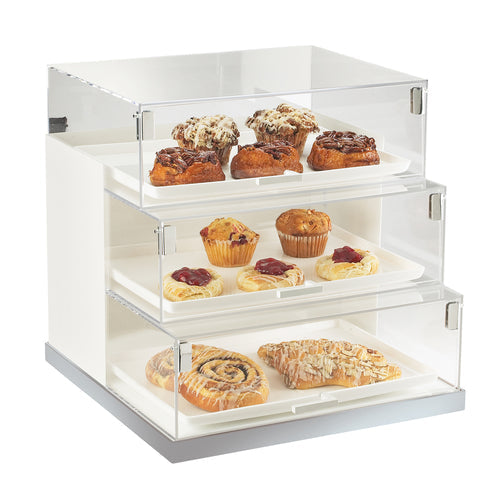 Cal-Mil 3020-55 3 Tier Luxe Step Display Case - White, Stainless Steel-cityfoodequipment.com
