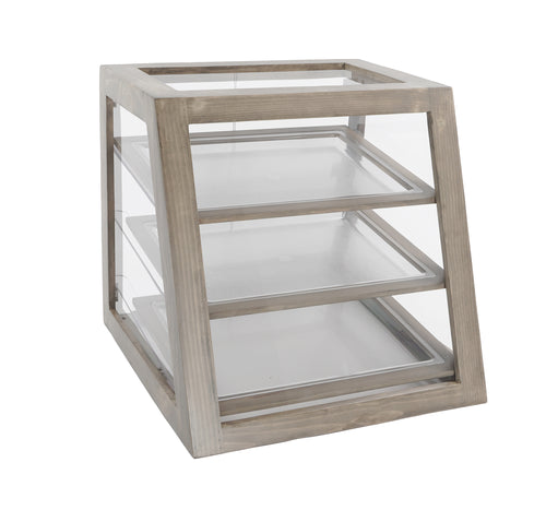 Cal-Mil 3432-110 3 Slanted Tier Full Service Pastry Display Case - 21"W x 21 1/2"D x 21 1/2"H, Pine Wood, Gray Wash-cityfoodequipment.com