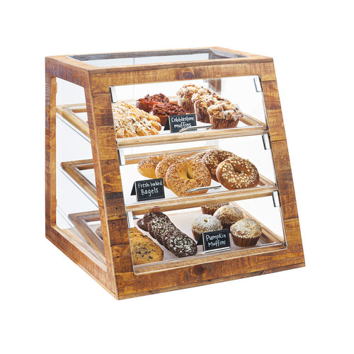 Cal-Mil 3432-99 3 Tier Pastry Display Case w/ Rear Doors - Plastic Case, Reclaimed Wood Frame-cityfoodequipment.com