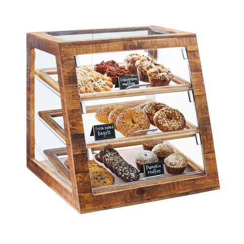 Cal-Mil 3432-S-99 3 Tier Pastry Display Case w/ Front Doors - Plastic Case, Reclaimed Wood Frame-cityfoodequipment.com