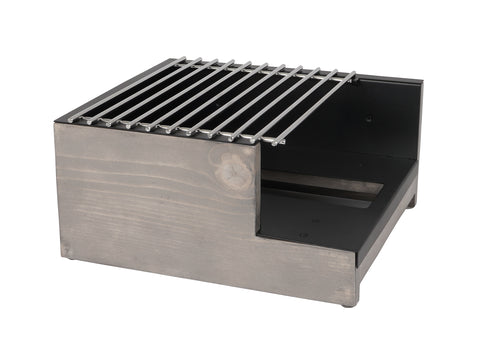 Cal-Mil 3435-110 Butane Stove Frame - 12 3/4" x 14 3/4" x 6 1/2", Gray Washed Pine Wood/Sleek Black Metal-cityfoodequipment.com