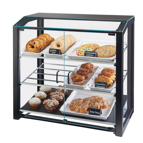 Cal-Mil 3493-13L 3 Tier Pastry Display Case w/ Hinged Doors - Black Metal Frame, Acrylic-cityfoodequipment.com